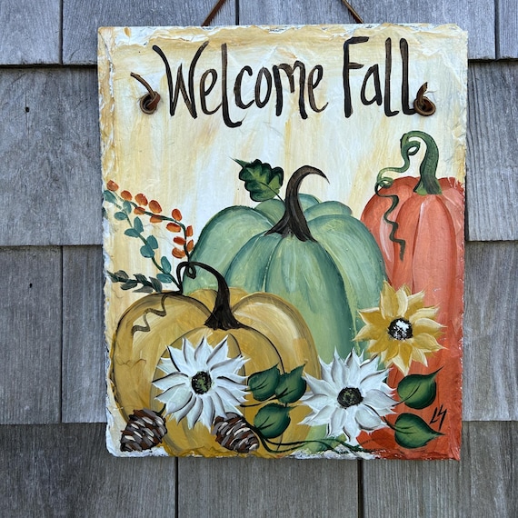 Hand Painted Slate Pumpkin Welcome Sign - Fall Door Hanger