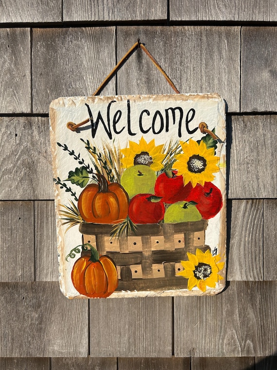 Hand Painted Pumpkin Slate Welcome Sign: Fall Porch Decor