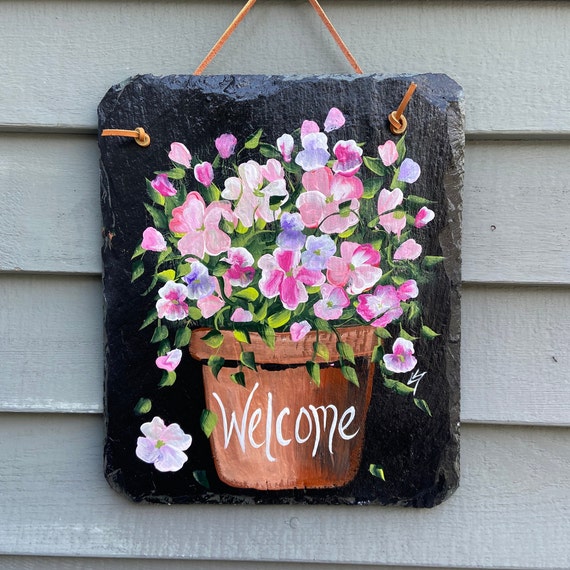 Hand Painted Slate sign, Spring Welcome sign, Front door Slate, Spring Slate Sign, door hanger, Spring slate, Slate welcome plaque