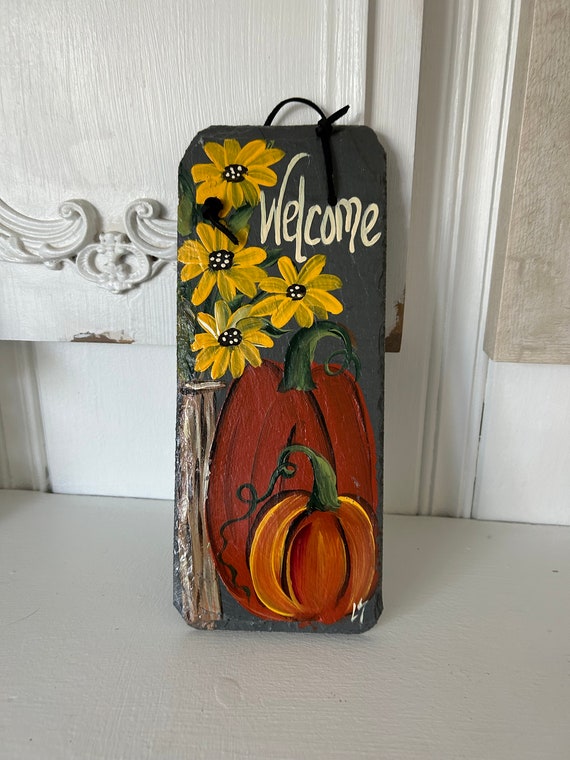 Painted fall slate sign, Fall welcome plaque, painted slate sign, Fall sign, welcome sign, slate gift, Fall porch decor, pumpkin art, slate