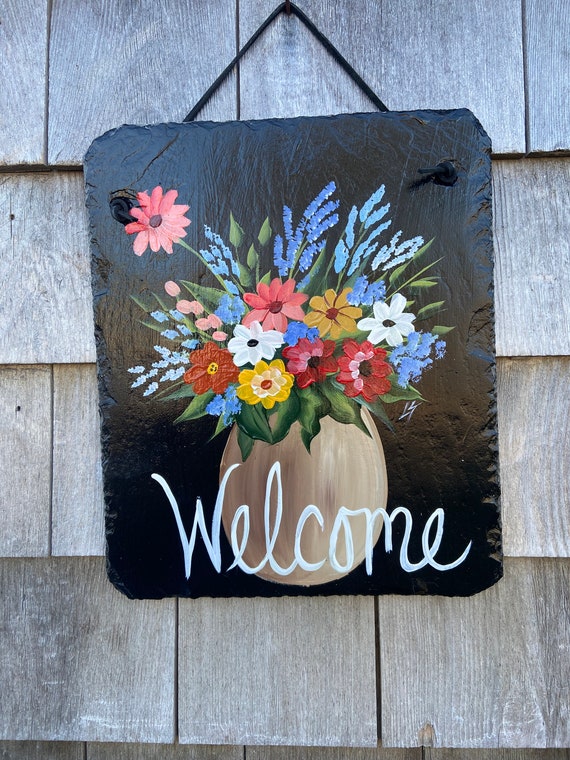 Hand Painted Floral slate sign: Spring door hanger