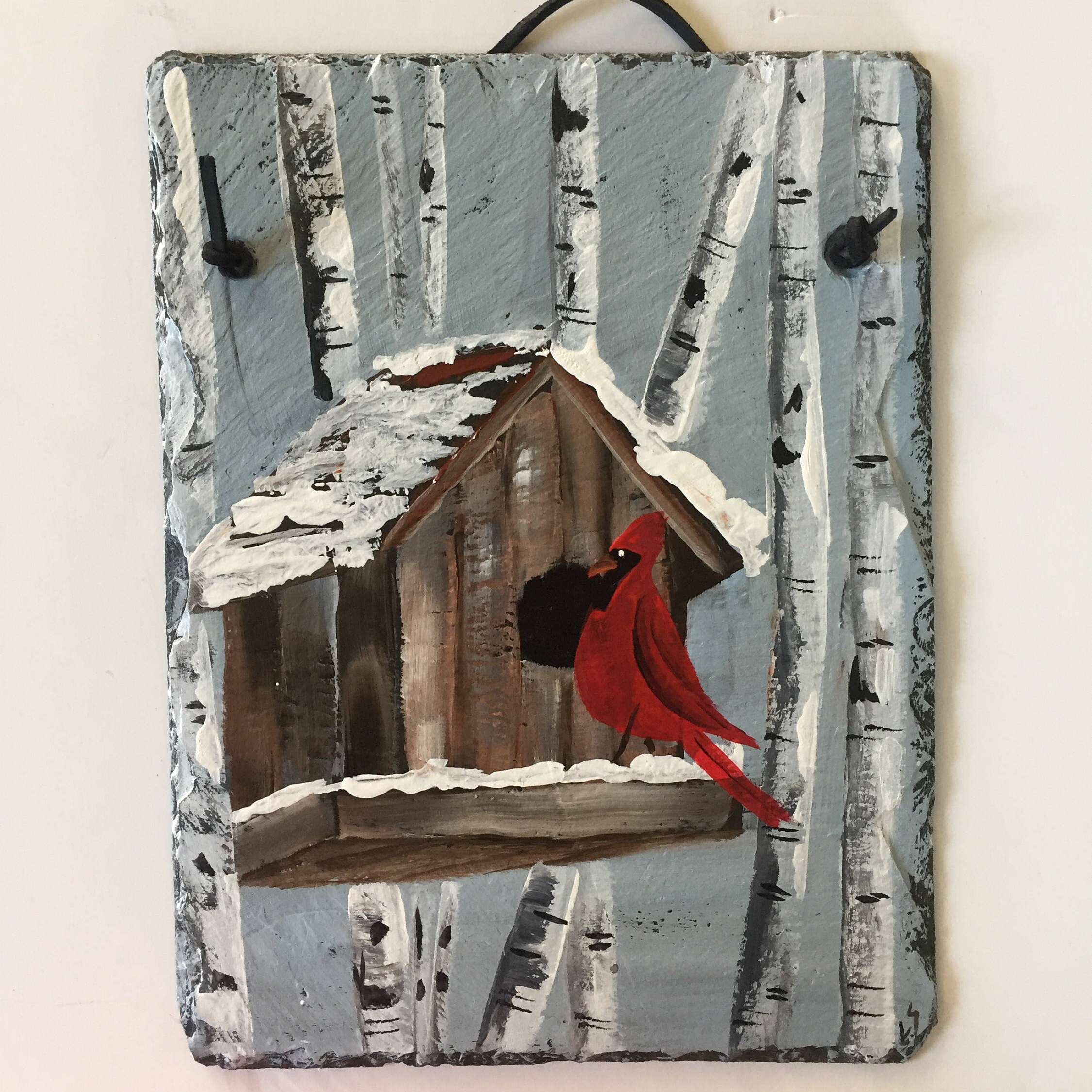 Red Cardinal Birch Trees Slate Door Hanging Winter Decor Winter