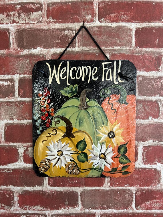 Painted slate tile, black & white check pumpkin welcome plaque, door hanger, Pumpkin slate sign, Painted slate, slate sign, Fall sign