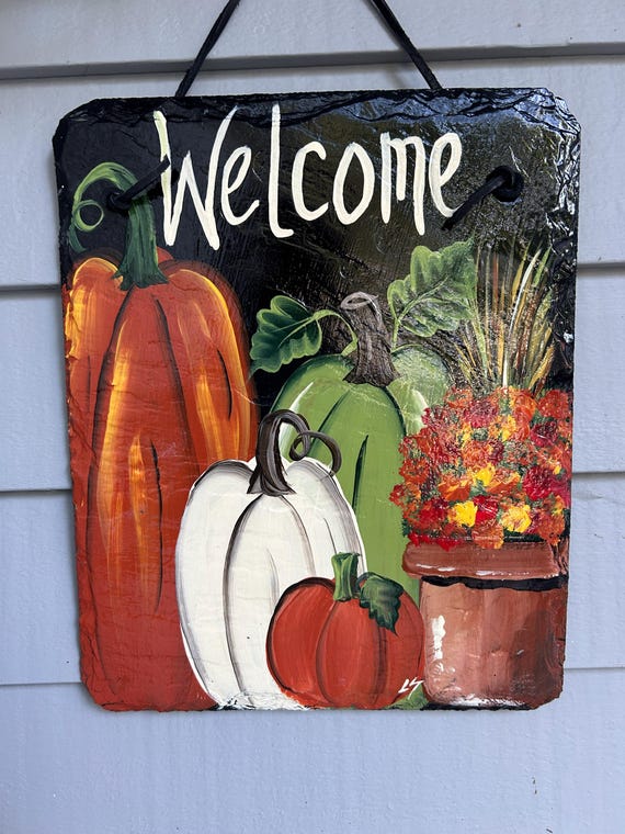 Hand Painted Pumpkin Slate Welcome Sign: Fall Decor Door Hanger