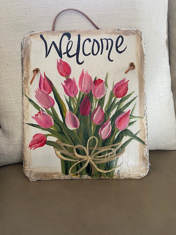 Hand Painted Easter sign, Tulips Welcome sign, Easter Door hanger, Spring Slate Sign, Easter decor, Spring slate, Slate welcome plaque