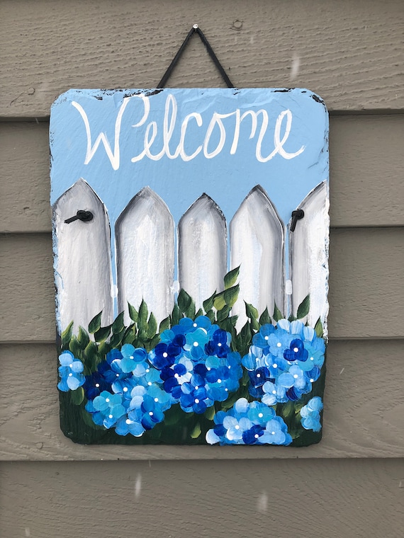 Painted slate welcome sign, Painted Slate, Spring Decor, Hydrangeas Welcome Sign, welcome plaque, Spring door hanger, Mother's Day gift
