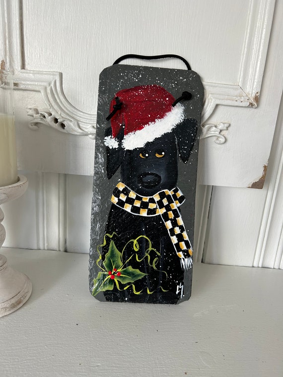 Painted Christmas dog welcome slate, Painted slate, Winter Porch decor, painted slate sign, dog painting on slate, Dog lover gift, dog decor