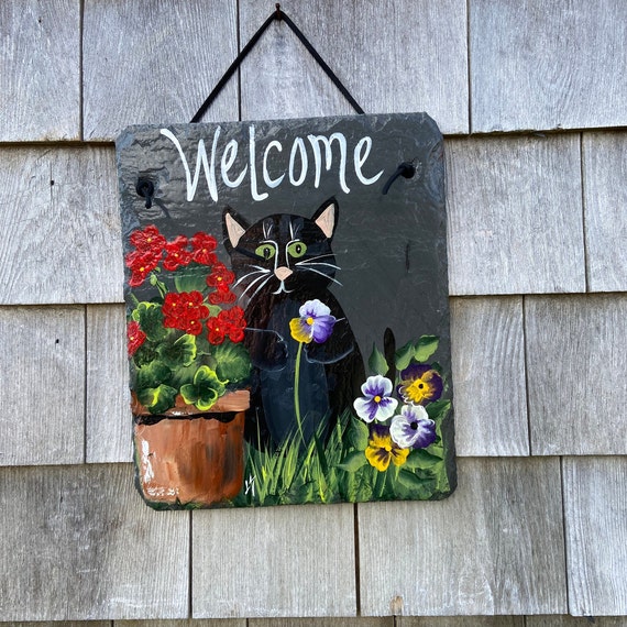 Hand Painted Cat slate welcome sign, gift for cat lovers