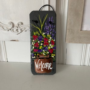 Painted slate welcome sign, personalized garden slate sign, Floral welcome plaque, Porch decor, door hanger, porch sign, garden decor image 3