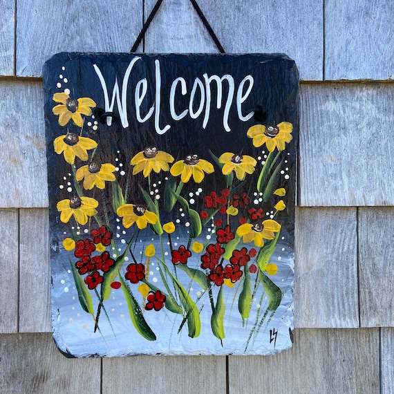 Porch decor, Spring Welcome sign, painted slate garden sign, painted Slate Sign, slate door hanger, Spring slate, Slate welcome plaque