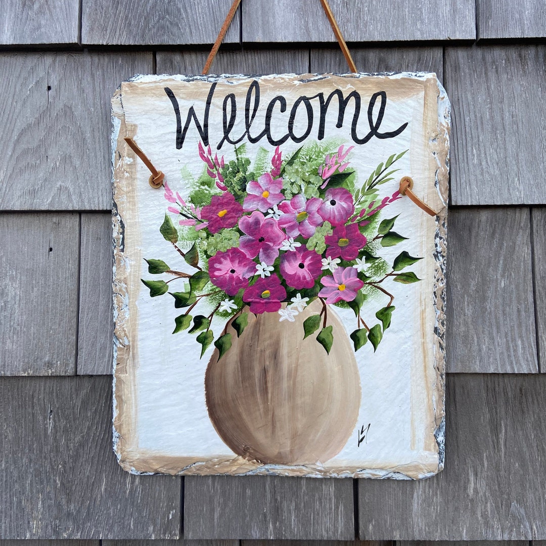 Slate Welcome Sign: Spring Porch Decor, Pink Floral Door Hanger - Etsy