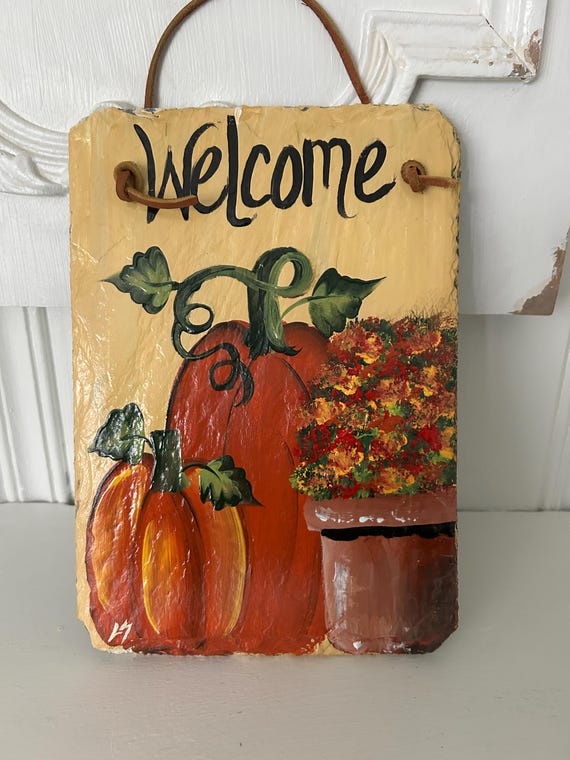 Painted Pumpkin Slate Welcome Sign: Fall Porch Decor, fall plaque