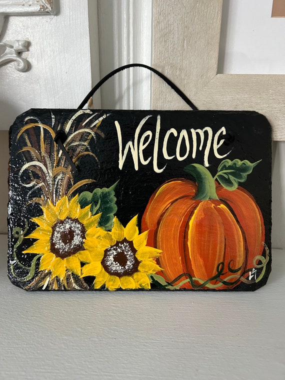 Hand painted slate fall sign, welcome plaque, door hanger, Pumpkin slate sign, Fall sign, welcome sign, Painted slate, porch decor