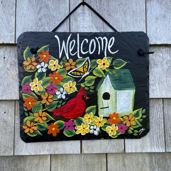 Hand Painted Slate sign, Spring Welcome sign, Front door Slate, Spring Slate Sign, door hanger, Spring slate, Slate welcome plaque