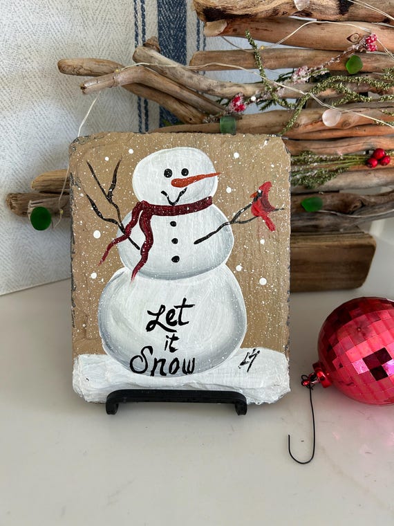 Painted snowman slate, snowman kitchen art, 6x5 hand painted slate , teacher gift, hostess gift, unique holiday gift, mantle decor