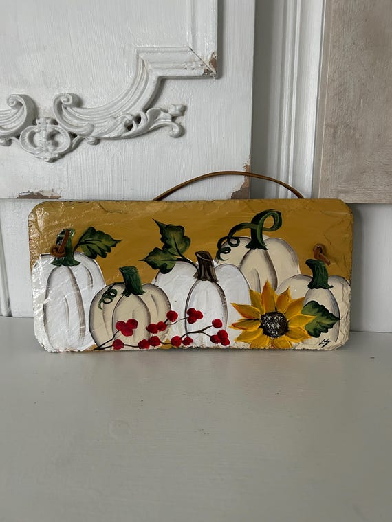 Hand-Painted Pumpkin Slate Sign: Fall Welcome Plaque, Porch Decor