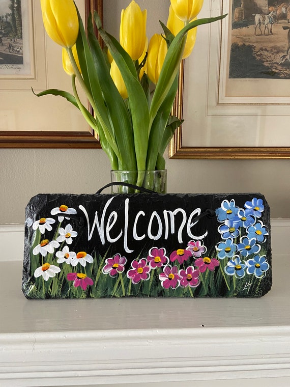 Painted slate welcome sign, garden slate sign, floral welcome plaque, Porch decor, door hanger, slate welcome sign, garden decor