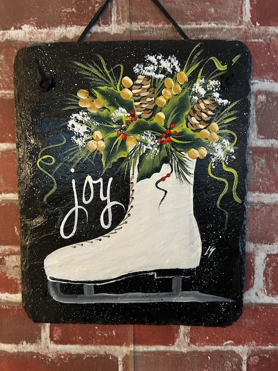 Hand Painted slate: Christmas Door Hanger, Winter greens in skate house sign