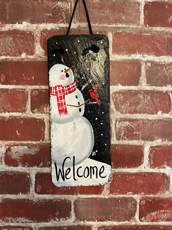 Hand Painted Snowman with Cardinal Slate: Rustic Winter Wall Decor, snowman door hanger, Porch Decor