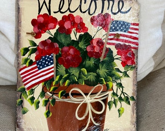 Slate Patriotic Welcome Sign, July 4th Door Hanger, Decor, Flag