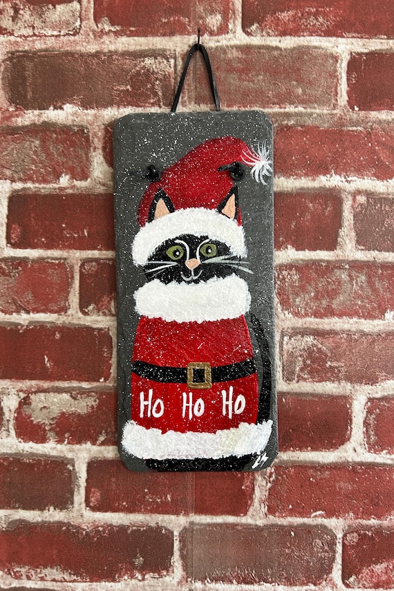 Painted Santa Cat slate sign, Christmas Cat slate sign, Santa slate sign, Christmas door hanger, Winter welcome sign, Cat Lover gift