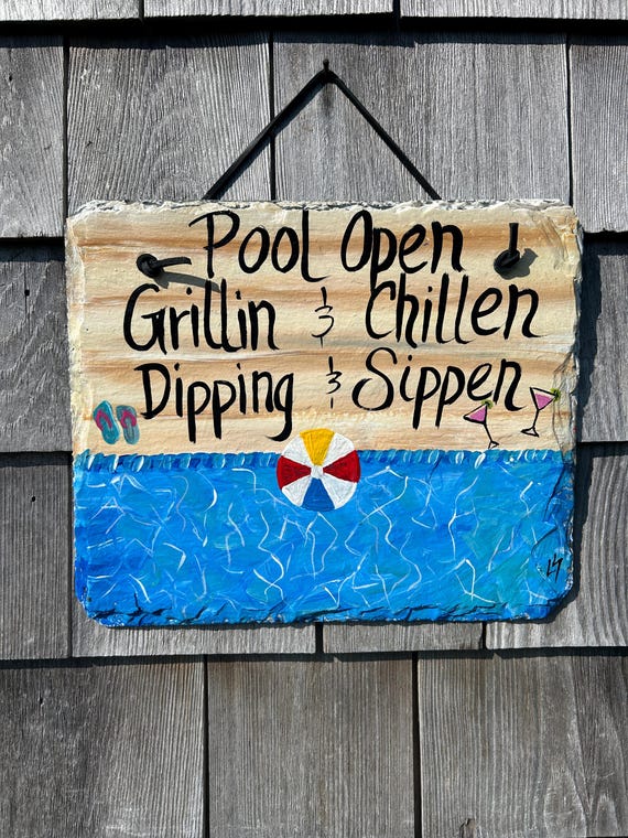 painted pool sign, Pool open painted slate sign, Summer slate sign, Painted pool slate, Pool sign, Bar and grilling sign, painted slate