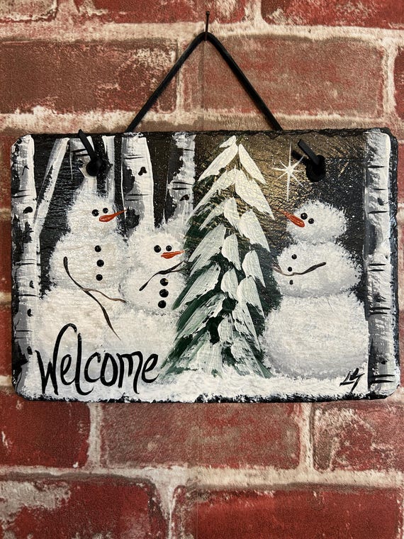 Painted winter Snowman welcome sign, Porch decor, painted slate sign, Winter sign, door hanger, Snowman slate sign, Snowman art,