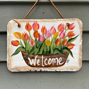 Painted slate welcome sign, garden slate sign, tulip welcome plaque, Porch decor, door hanger, small slate welcome sign, garden decor image 1