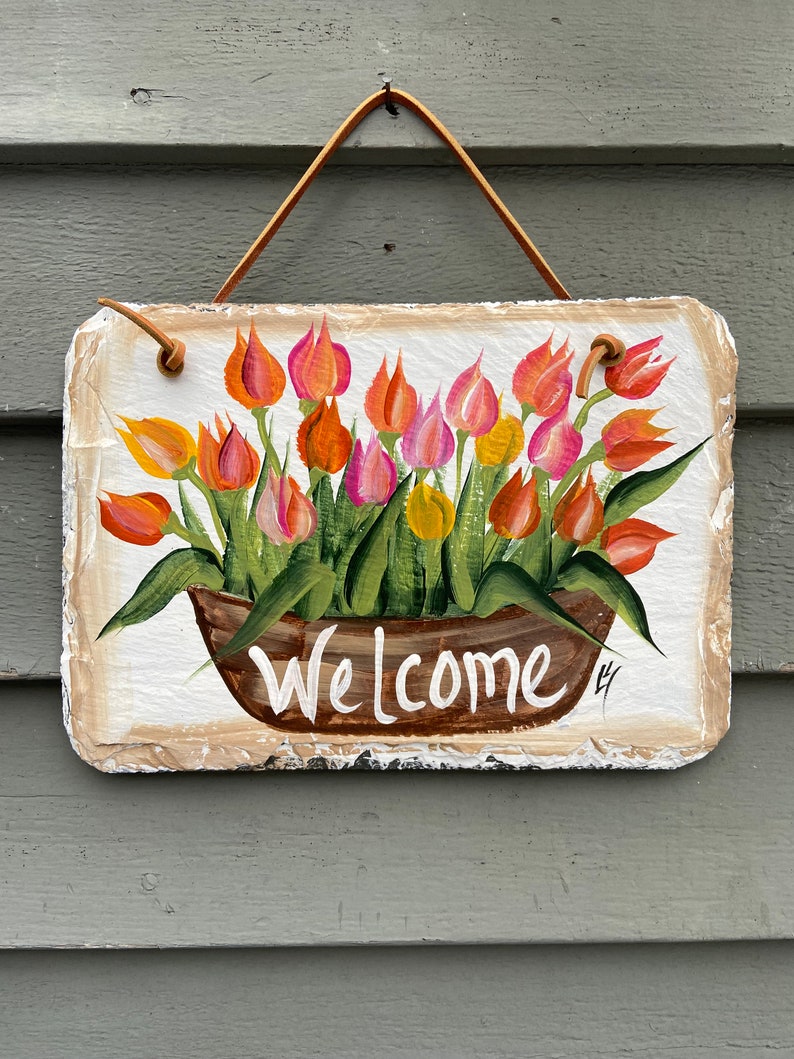 Painted slate welcome sign, garden slate sign, tulip welcome plaque, Porch decor, door hanger, small slate welcome sign, garden decor image 1