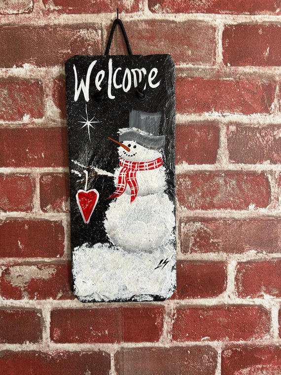 Painted snowman, Painted slate Snowman, Winter Porch decor, painted slate sign, painting on slate, Snowman slate wallhanging, Snowman decor