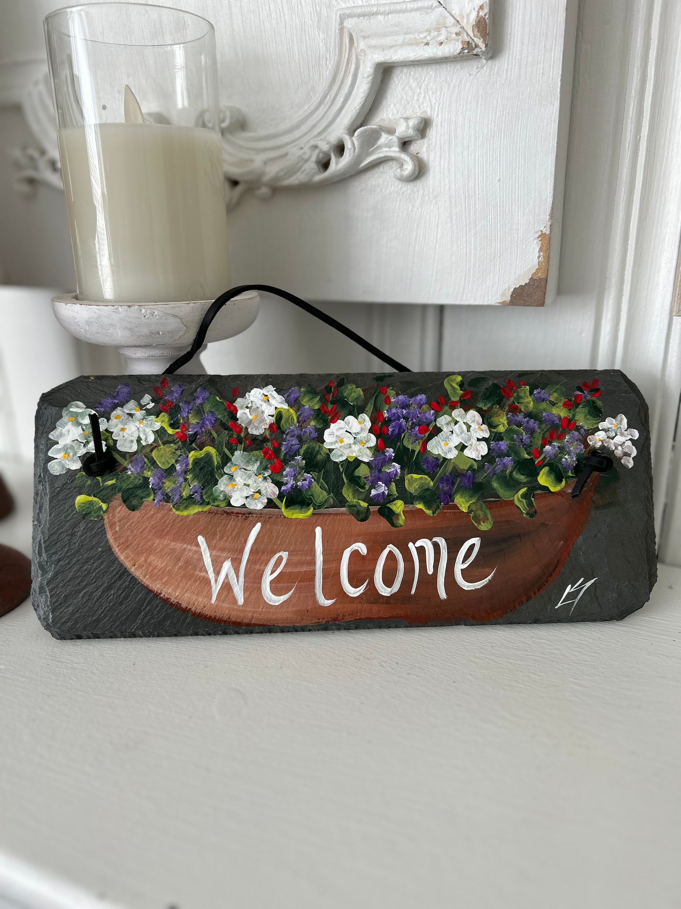 Painted slate welcome sign, personalized garden slate sign, Floral