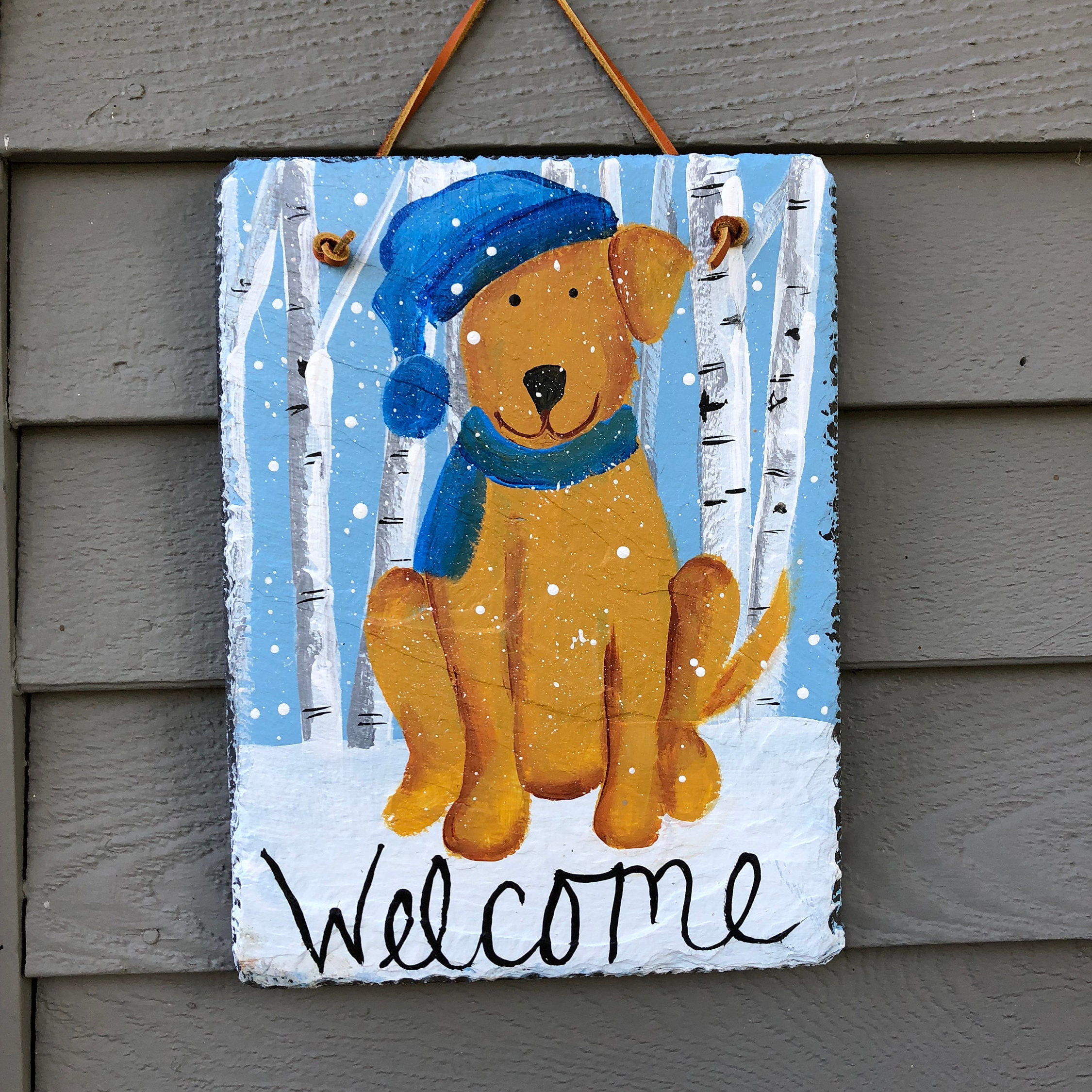 winter door hanger dog lovers welcome sign gift for dog lover hand painted slate welcome sign outside door decor winter dog