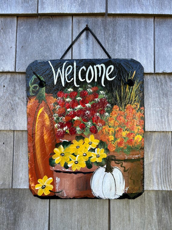 Painted slate welcome sign, welcome plaque, door hanger, Pumpkin slate sign, Fall sign, welcome sign, Painted slate, slate sign, porch decor