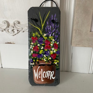 Painted slate welcome sign, personalized garden slate sign, Floral welcome plaque, Porch decor, door hanger, porch sign, garden decor image 1