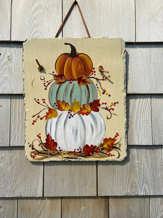 Pumpkin slate sign, welcome plaque, door hanger, Pumpkin slate, Fall sign, welcome sign, Painted slate, slate sign, porch decor