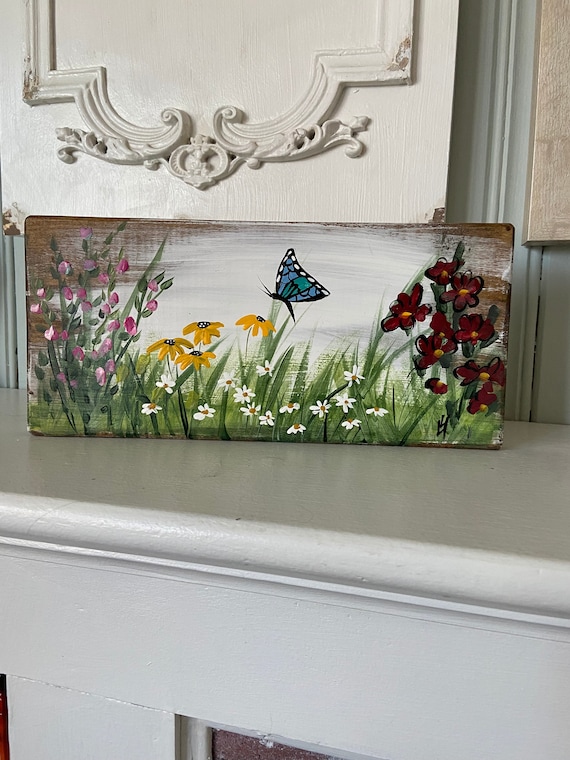 Spring shelf sitter, Rustic Spring garden painting on wood, spring porch decor, Fireplace Mantel decor, rustic wood floral shelf decor