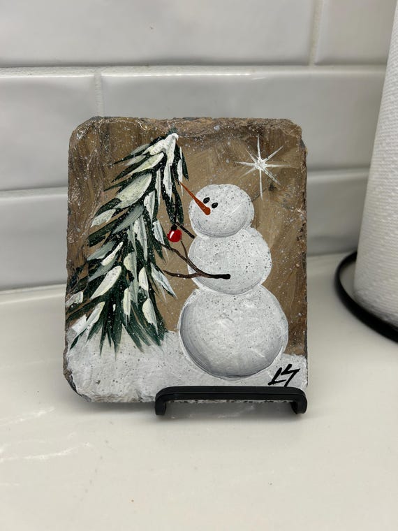 Hand Painted (6x5) Snowman Slate: Winter shelf sitter