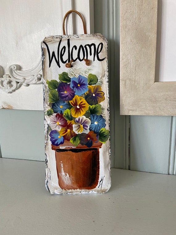 Painted Pansies, Painted slate, Spring Porch decor, painted slate sign, painting on slate, Pansies slate wall hanging, Outdoor Spring decor