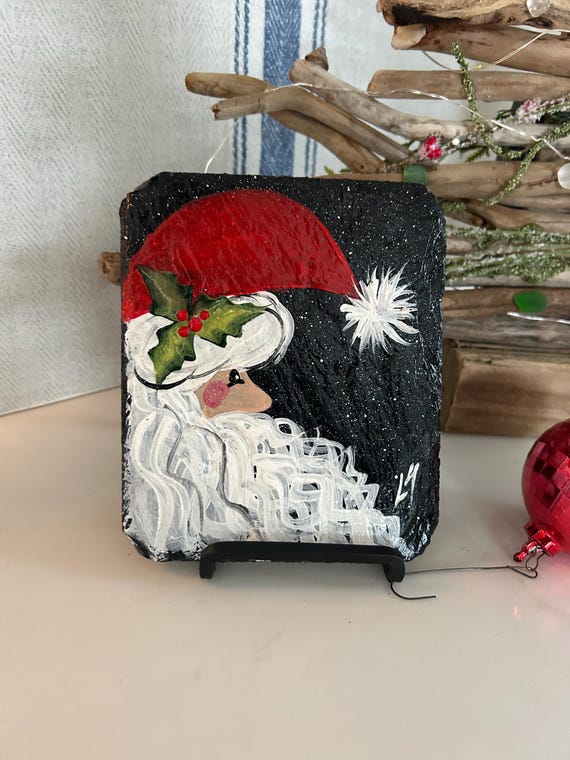 Hand Painted Santa Slate: Holiday Mantle Decor, Teacher Gift (6x5)
