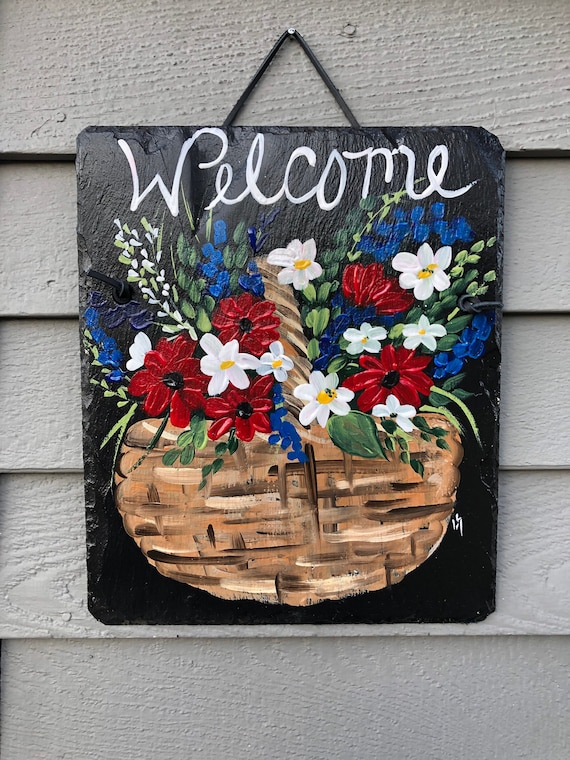 July 4th painted slate, Welcome sign, Spring decor, Spring Door Decor, Spring painted slate, Fourth of July decor, Spring welcome Sign