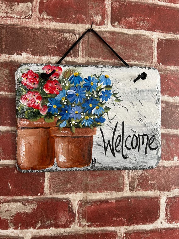 Hand-Painted Floral Slate Welcome Sign: Garden Decor (7x10)