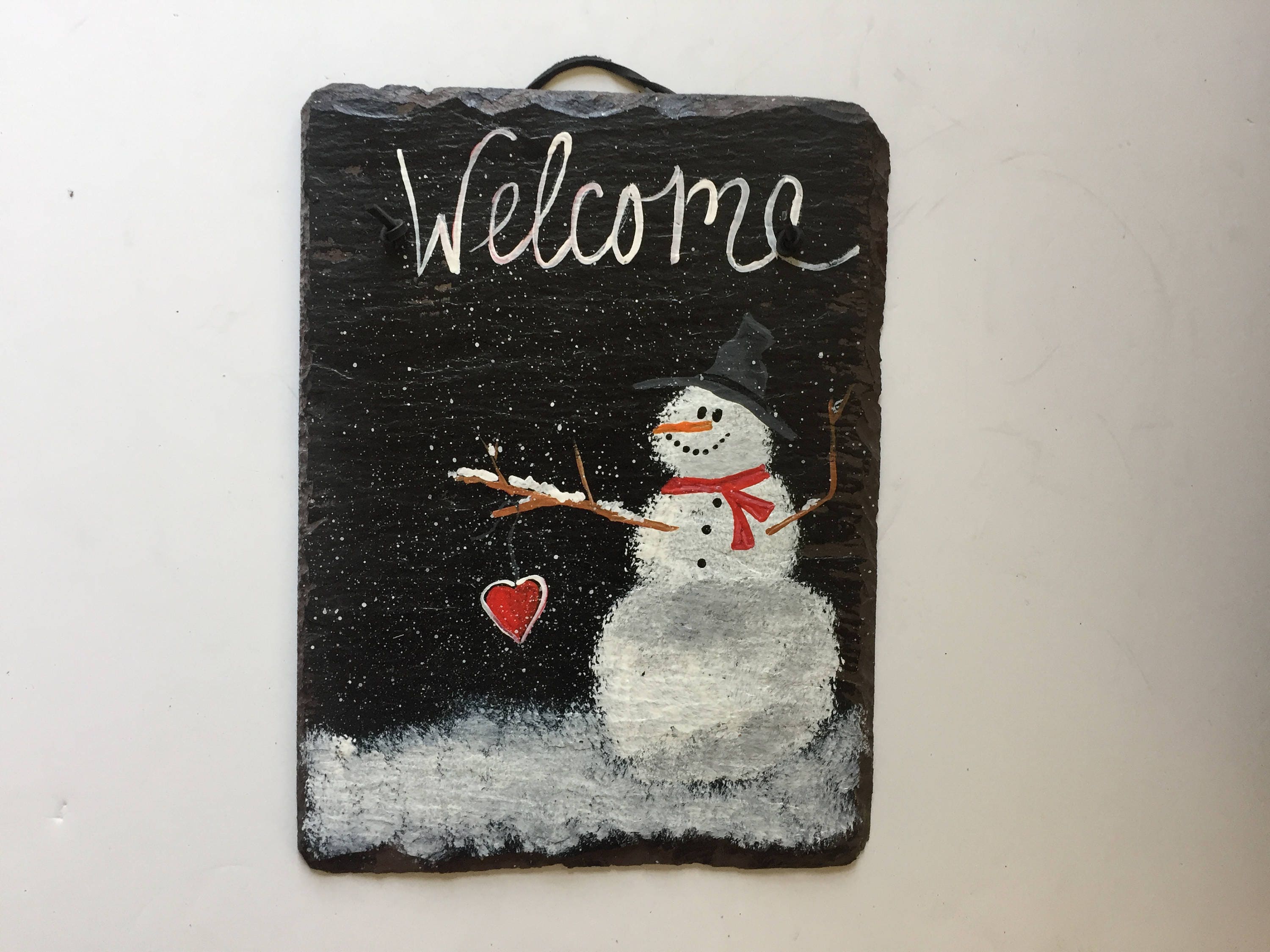 Snowman Welcome Sign Personalized Painted Slate Welcome