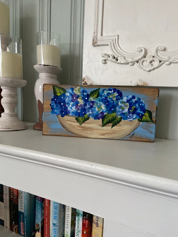 Spring shelf sitter, Rustic Hydrangea painting on wood, spring porch decor, Fireplace Mantel decor, rustic wood floral shelf decor