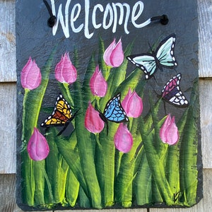 Tulips & Butterflies welcome sign, Painted Slate sign, Front door Slate, Slate Sign, Floral door hanger, Spring slate, Slate welcome plaque image 4