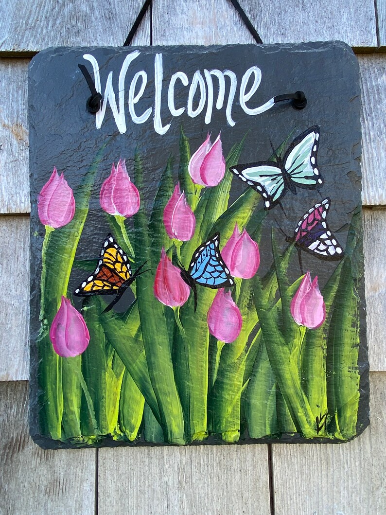 Tulips & Butterflies welcome sign, Painted Slate sign, Front door Slate, Slate Sign, Floral door hanger, Spring slate, Slate welcome plaque image 4