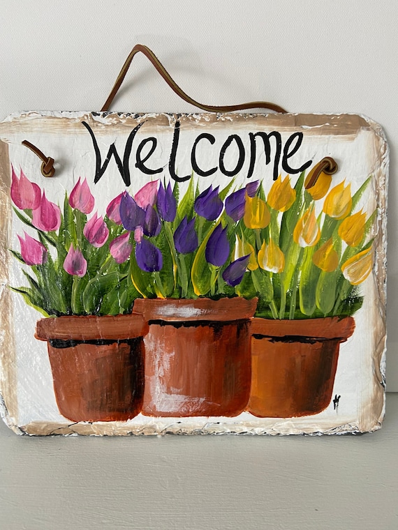 Painted slate sign, Painted Slate welcome sign, Easter Decor, Tulips Welcome Sign, welcome plaque, door hanger, Mother's Day gift, welcome