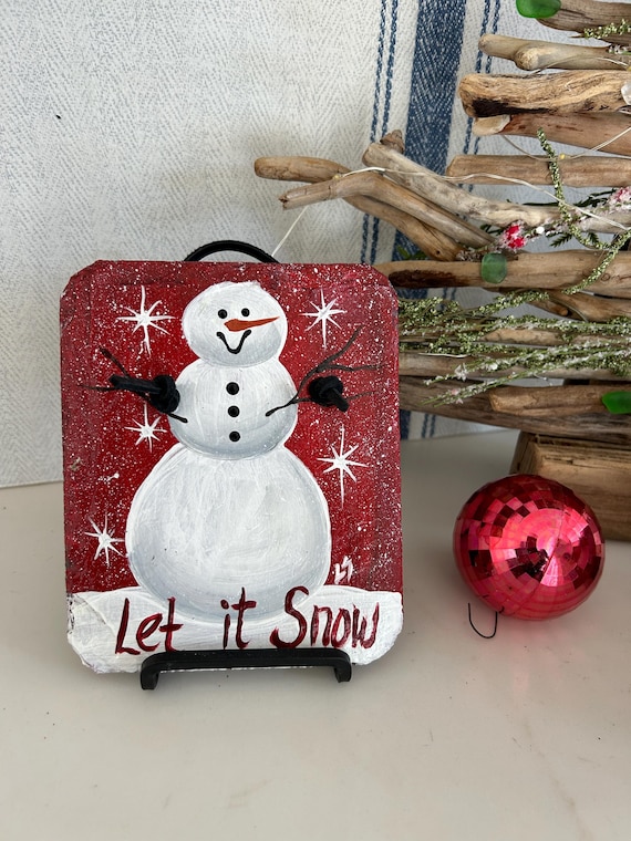 Painted snowman slate, snowman kitchen art, 6x5 hand painted slate , teacher gift, hostess gift, unique holiday gift, mantle decor