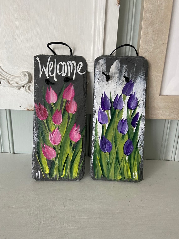 Painted tulip slate, Painted slate, Porch decor, painted spring slate sign, painting on slate, slate plaque, Outdoor Spring decor