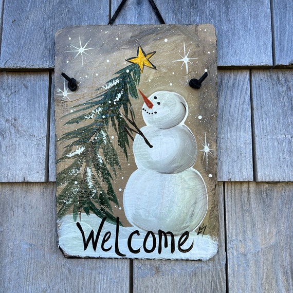 Painted winter Snowman slate welcome sign, Porch decor, slate sign, Winter sign, door hanger, Snowman slate sign, Snowman art,