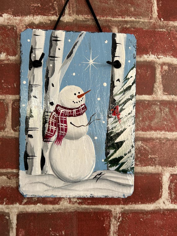 Painted slate snowmen and birch welcome sign, Porch decor, Winter slate sign, Winter sign, painted door hanger